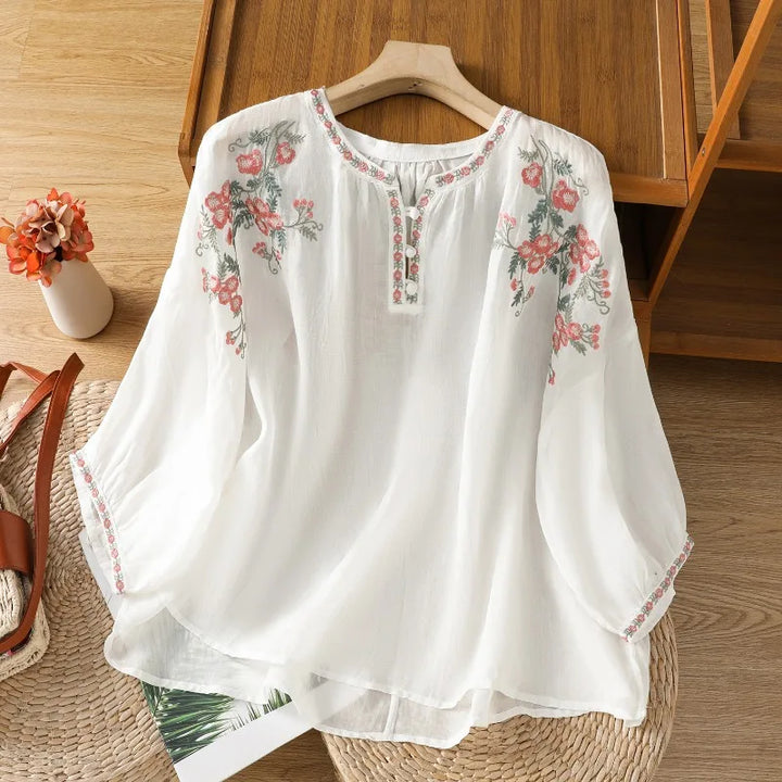 Sandra Floral Embroidered Linen Blouse