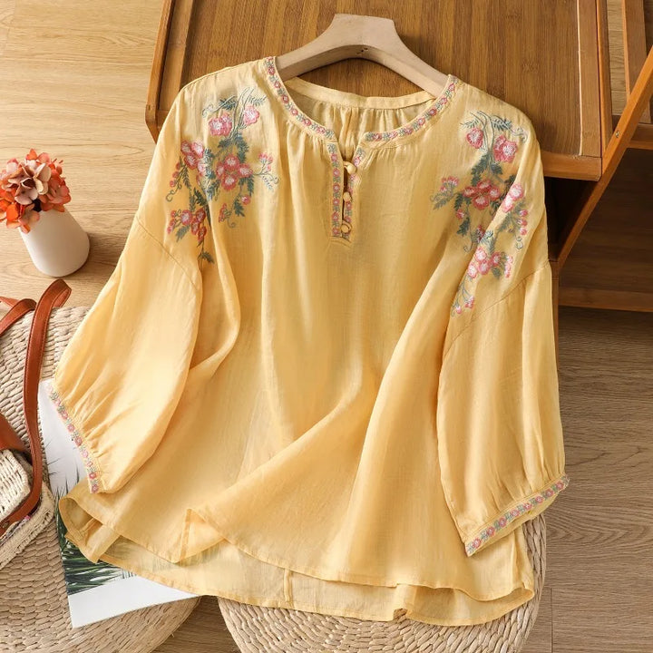 Sandra Floral Embroidered Linen Blouse