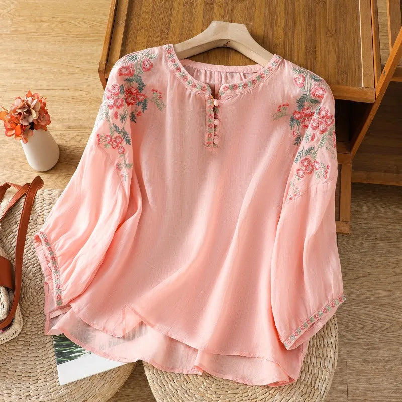 Sandra Floral Embroidered Linen Blouse