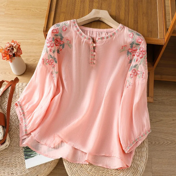 Sandra Floral Embroidered Linen Blouse