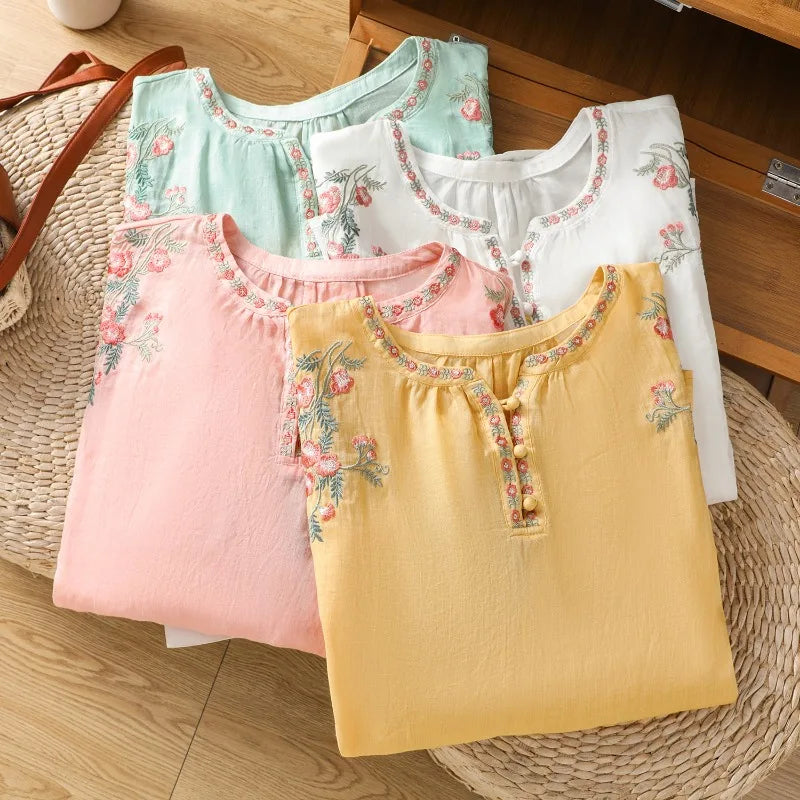 Sandra Floral Embroidered Linen Blouse