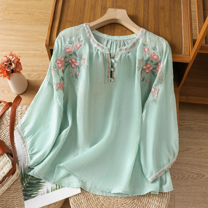 Sandra Floral Embroidered Linen Blouse