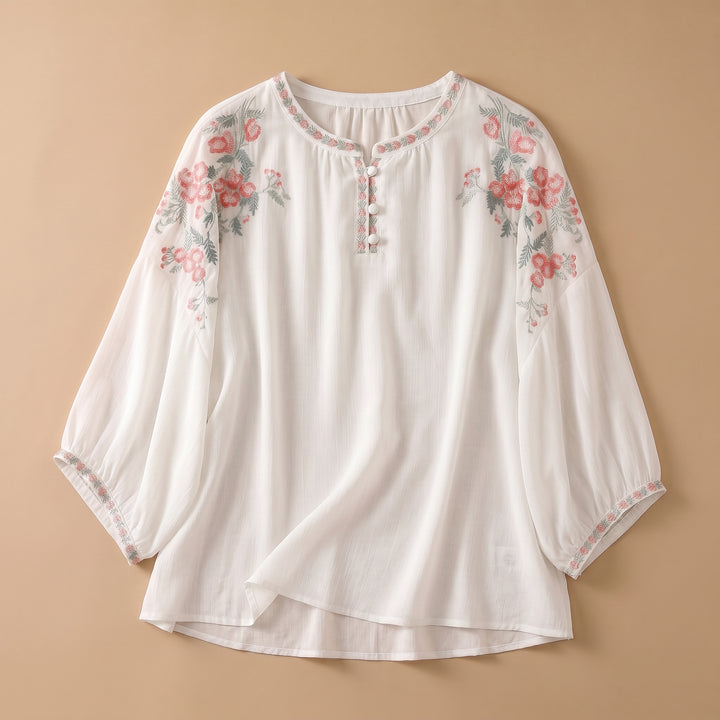 Sandra Floral Embroidered Linen Blouse